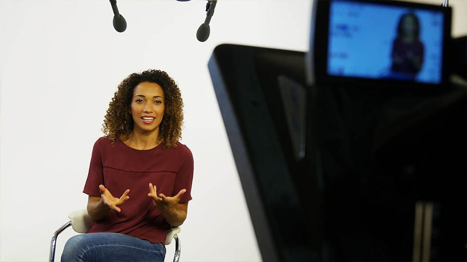 We boast as fully soundproof non green screen studio in Manchester A young woman delivers a piece to camera with autocue In Hush, the Soundproof Studio for hire at Galleon Studios in Manchester